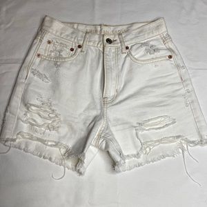 american eagle high waisted jean shorts with gold stitching